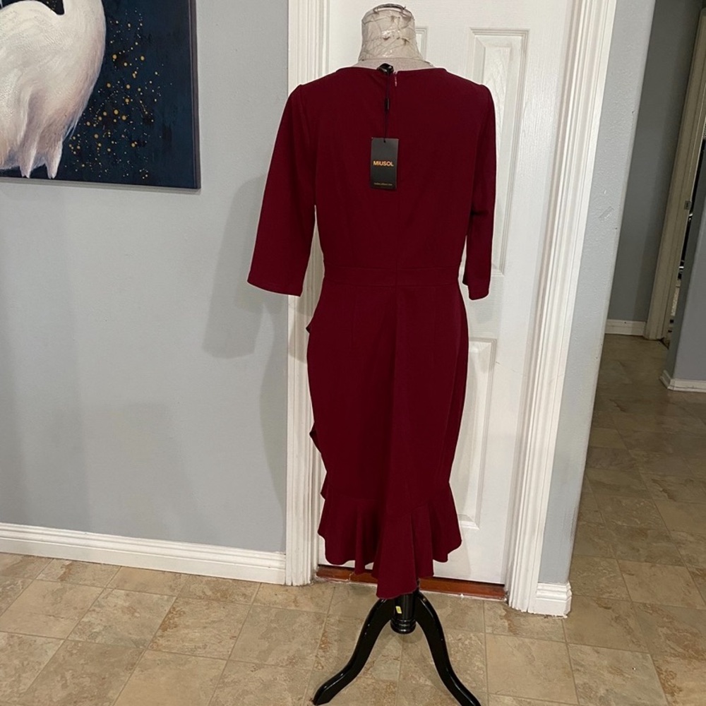 New Women XL Miusol 3/4 Sleeve Burgundy Ruffle Knee length Dress - Picture 6 of 7